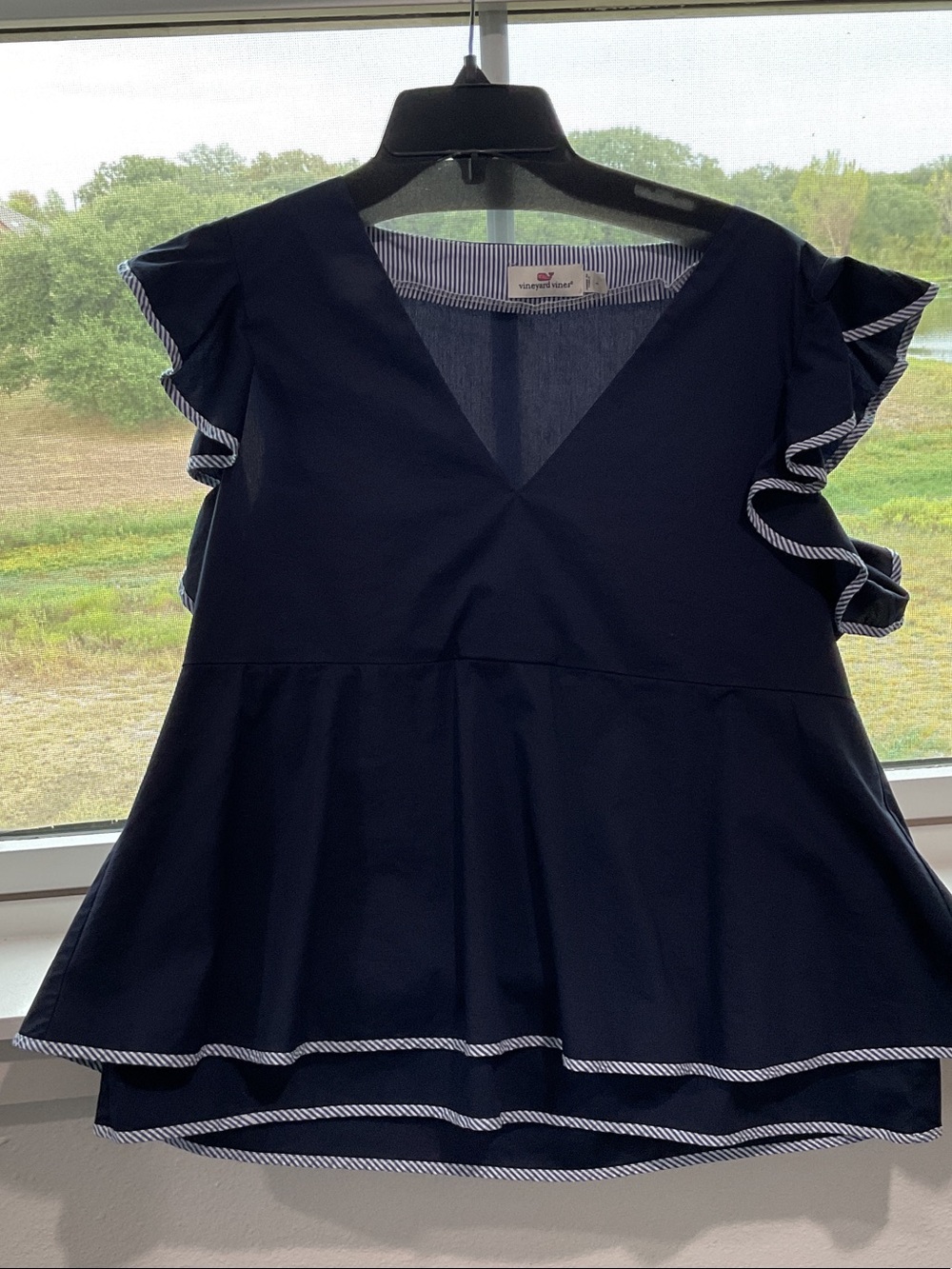 Vineyard Vines Navy Peplum Top with White Stripe Trim
